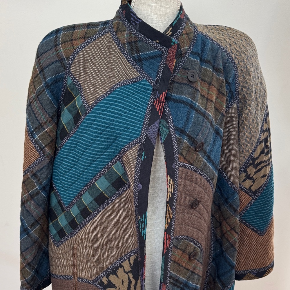 Vintage Koos of Couture Women’s Patchwork Trench Coat in Blue and Brown